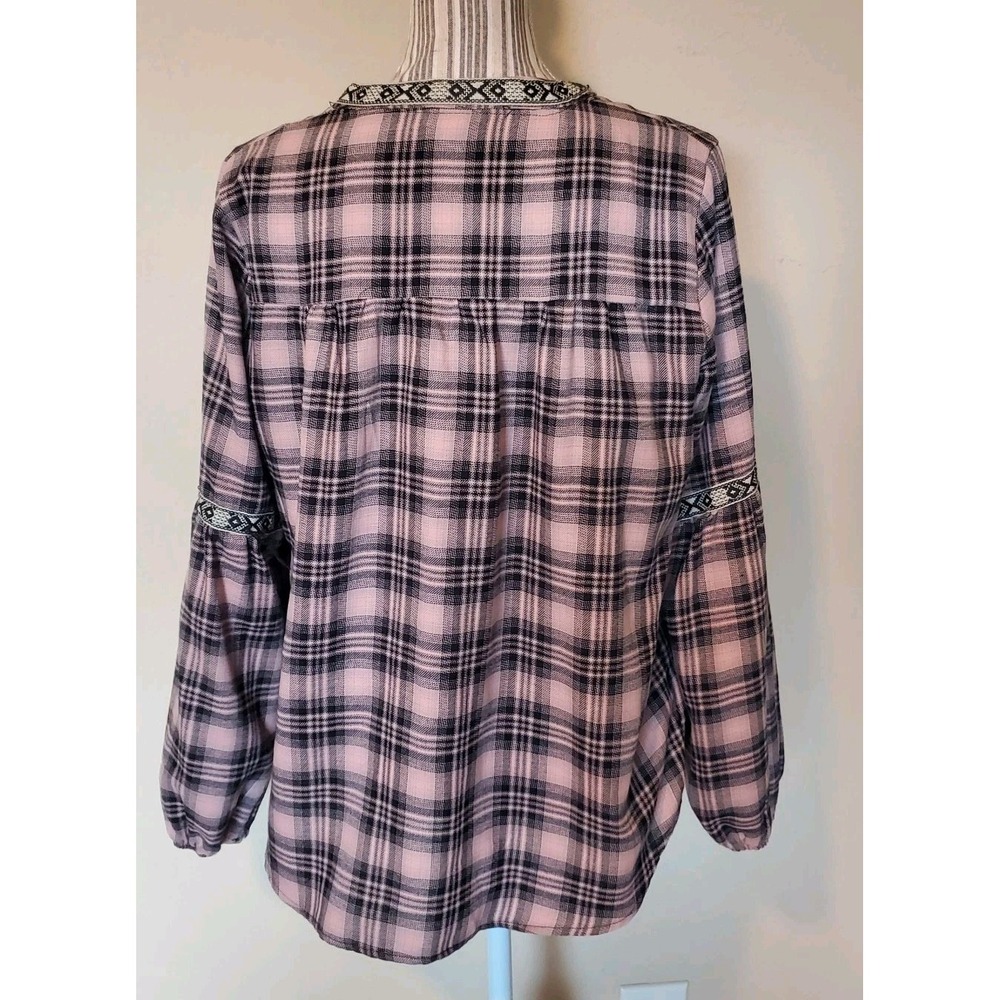 Knox Rose Top Women's Medium Pink Black Plaid Flannel V Neck Puff Sleeve Boho - Picture 3 of 9